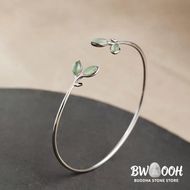 Buddha Stones Leaf Pattern Cat Eye Support Cuff Bracelet Bangle - BWOOOH - Leaf Bangle - Bracelet Bangle