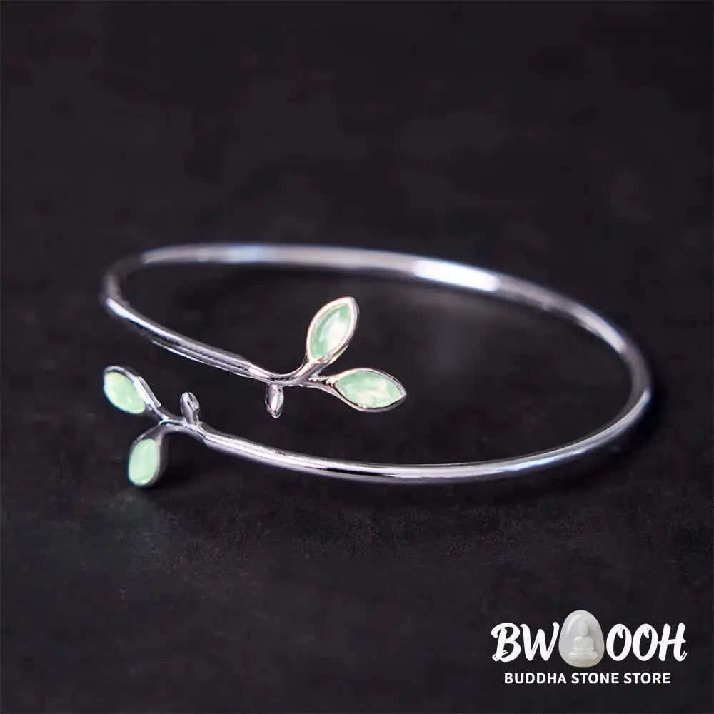 Buddha Stones Leaf Pattern Cat Eye Support Cuff Bracelet Bangle - BWOOOH - Leaf Bangle - Bracelet Bangle
