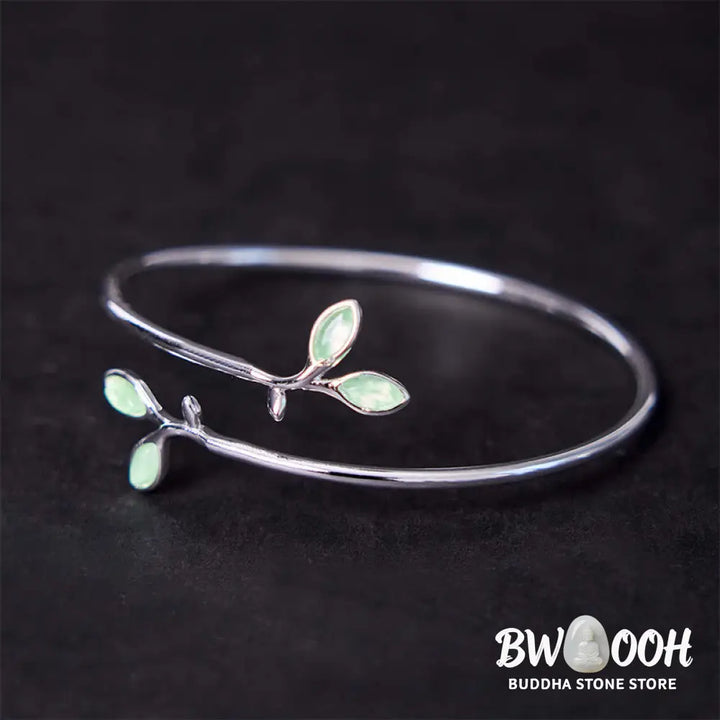 Buddha Stones Leaf Pattern Cat Eye Support Cuff Bracelet Bangle - BWOOOH - Leaf Bangle - Bracelet Bangle