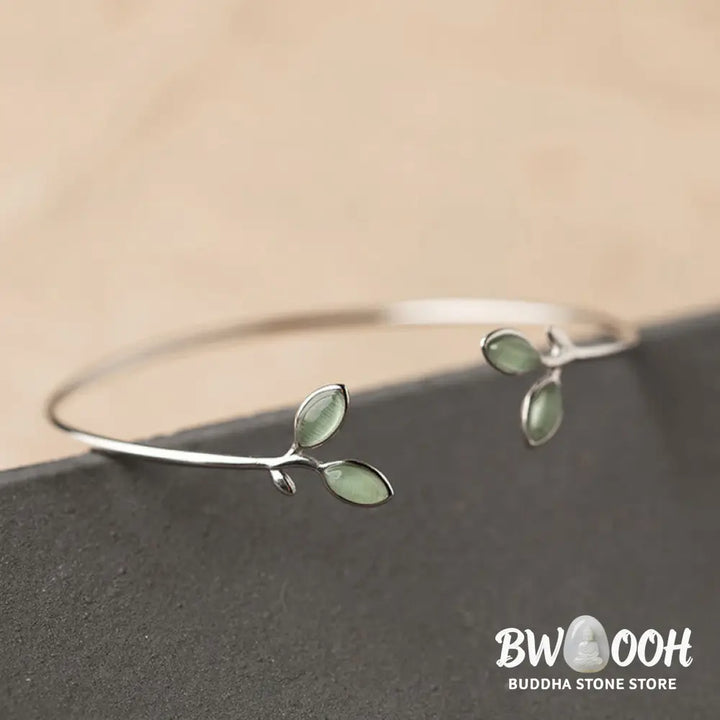 Buddha Stones Leaf Pattern Cat Eye Support Cuff Bracelet Bangle - BWOOOH - Leaf Bangle - Bracelet Bangle