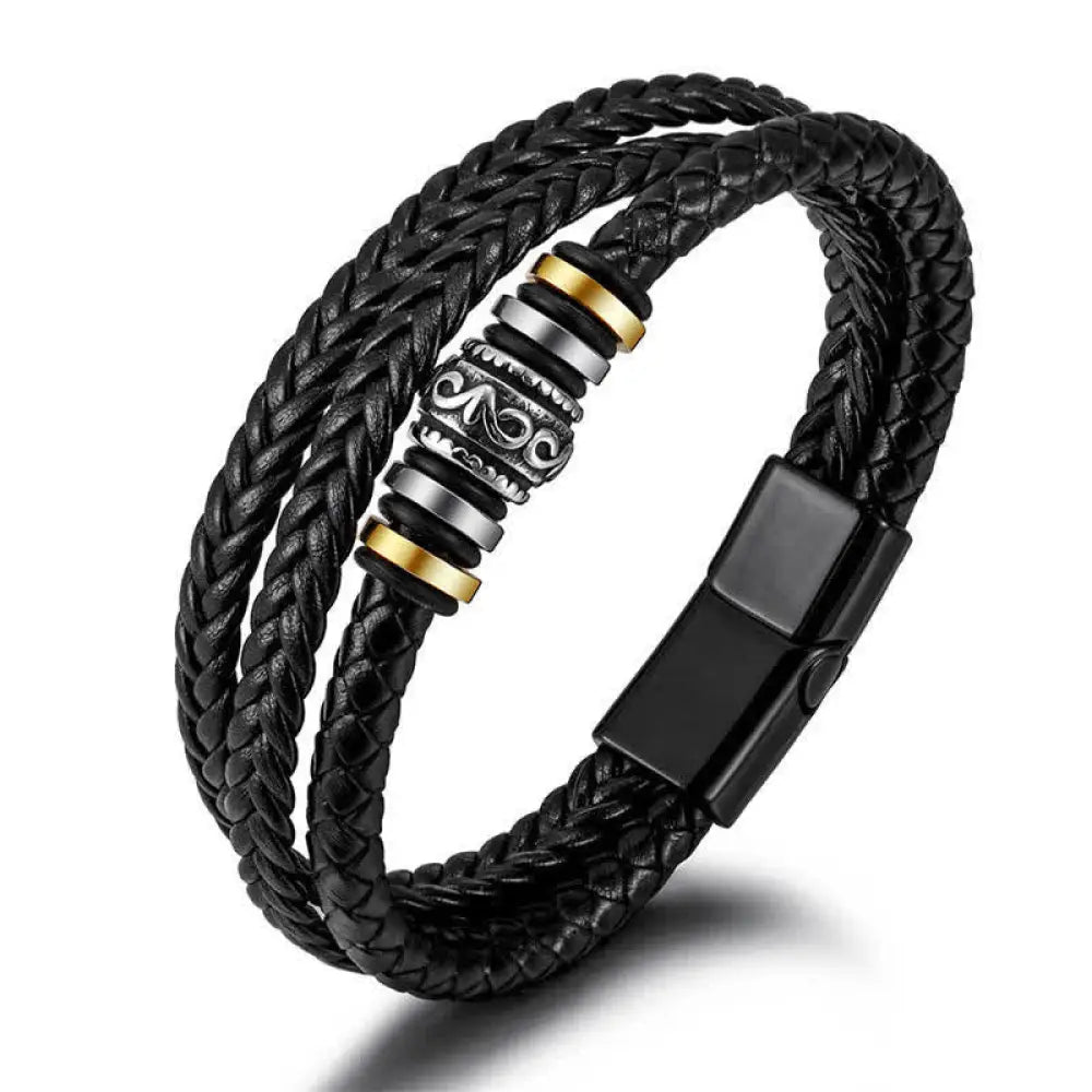 BWOOOH Leather Layered Titanium Steel Balance Braided Bracelet - Black - Bracelet