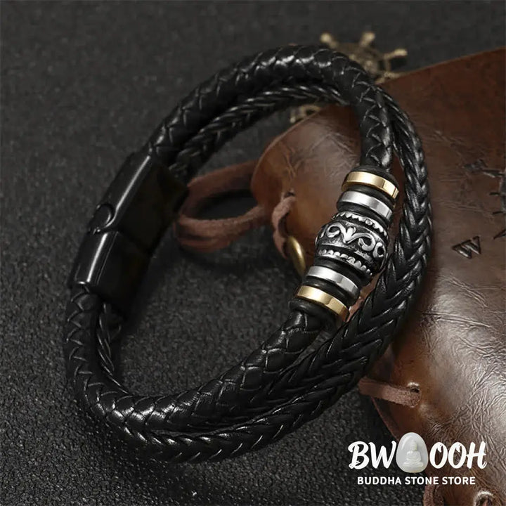 BWOOOH Leather Layered Titanium Steel Balance Braided Bracelet - Black - Bracelet