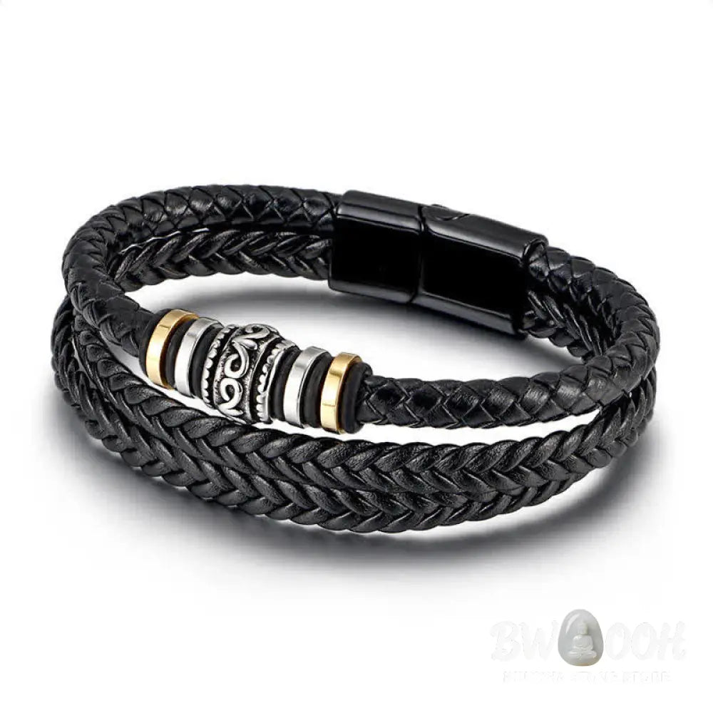 BWOOOH Leather Layered Titanium Steel Balance Braided Bracelet - Black - Bracelet