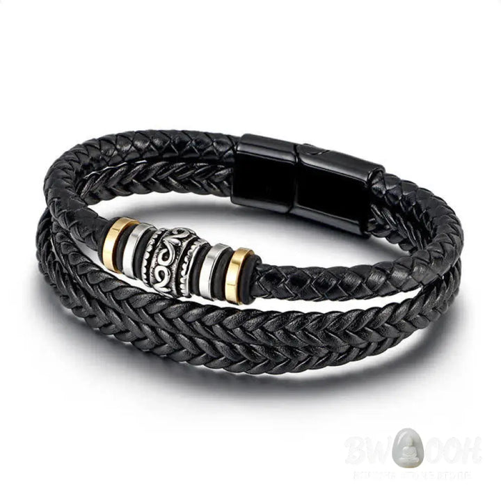BWOOOH Leather Layered Titanium Steel Balance Braided Bracelet - Black - Bracelet