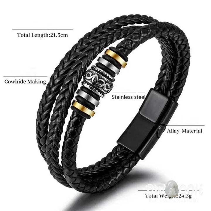 BWOOOH Leather Layered Titanium Steel Balance Braided Bracelet - Black - Bracelet