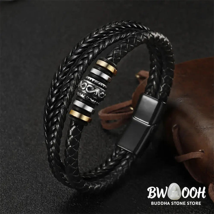 BWOOOH Leather Layered Titanium Steel Balance Braided Bracelet - Black - Bracelet