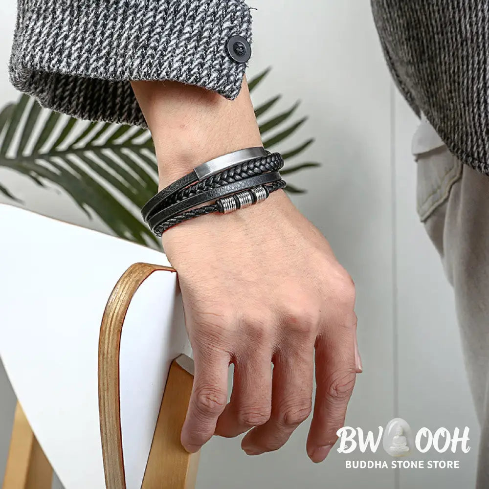 Buddha Stones Leather Multi-Layer Titanium Steel Balance Braided Magnetic Buckle Bracelet - Bracelet
