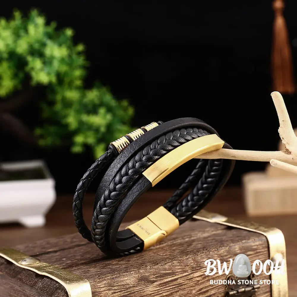 Buddha Stones Leather Multi-Layer Titanium Steel Balance Braided Magnetic Buckle Bracelet - Bracelet