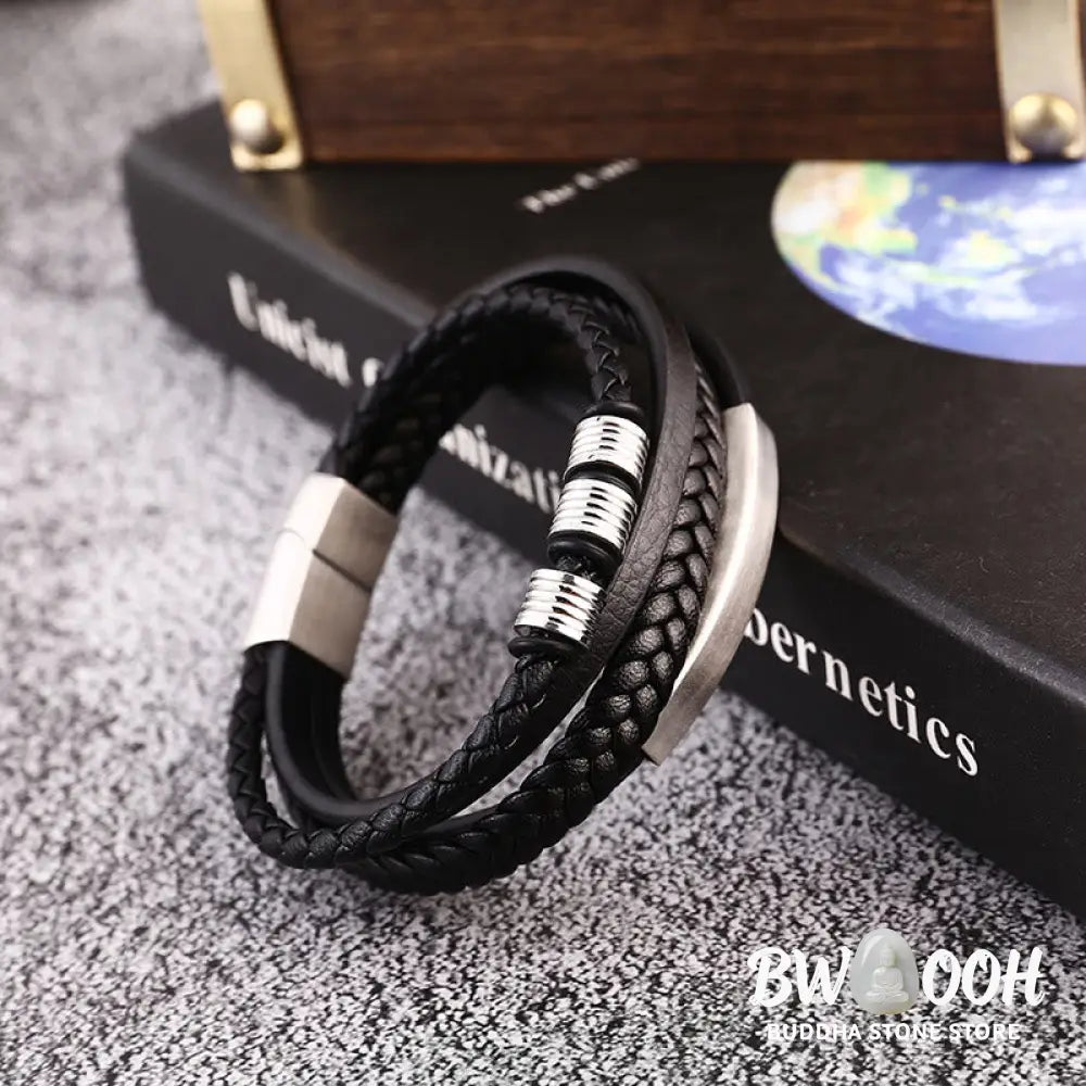 Buddha Stones Leather Multi-Layer Titanium Steel Balance Braided Magnetic Buckle Bracelet - Bracelet