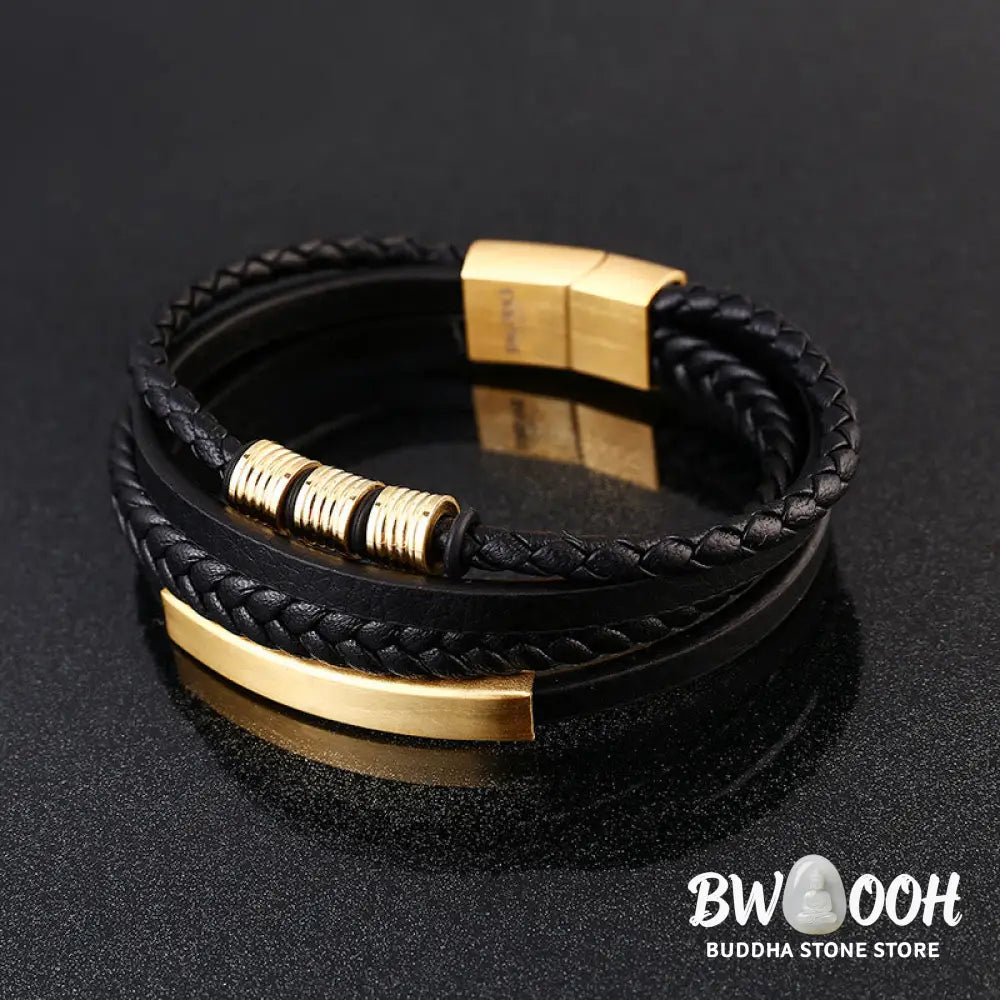 Buddha Stones Leather Multi-Layer Titanium Steel Balance Braided Magnetic Buckle Bracelet - Bracelet