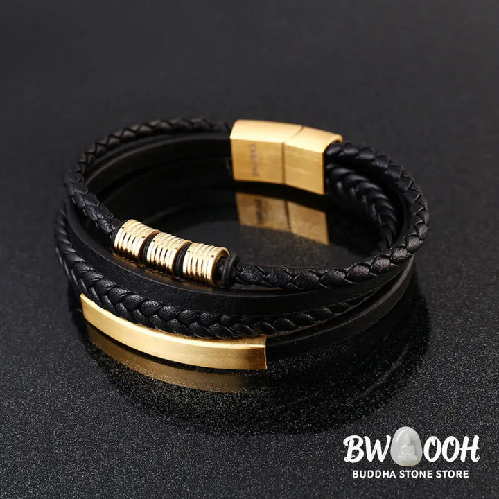 Buddha Stones Leather Multi-Layer Titanium Steel Balance Braided Magnetic Buckle Bracelet - Bracelet