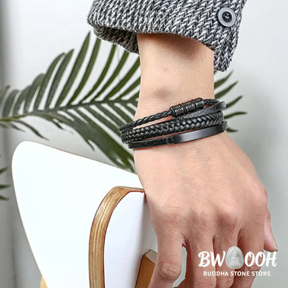 Buddha Stones Leather Multi-Layer Titanium Steel Balance Braided Magnetic Buckle Bracelet - Bracelet