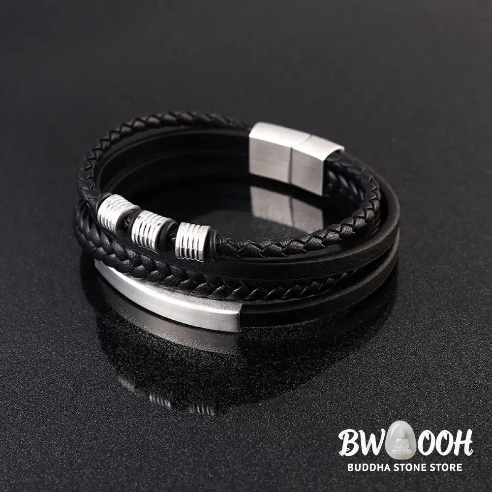 Buddha Stones Leather Multi-Layer Titanium Steel Balance Braided Magnetic Buckle Bracelet - Bracelet