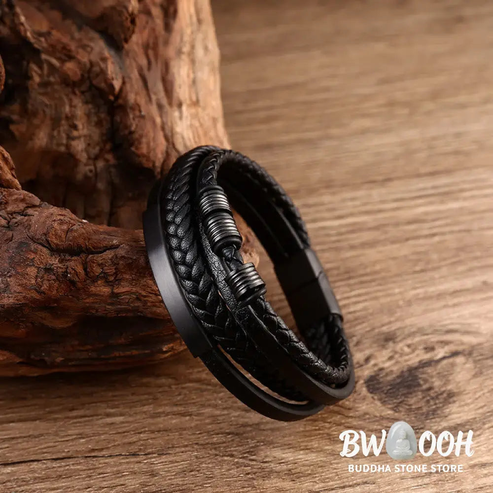Buddha Stones Leather Multi-Layer Titanium Steel Balance Braided Magnetic Buckle Bracelet - Bracelet