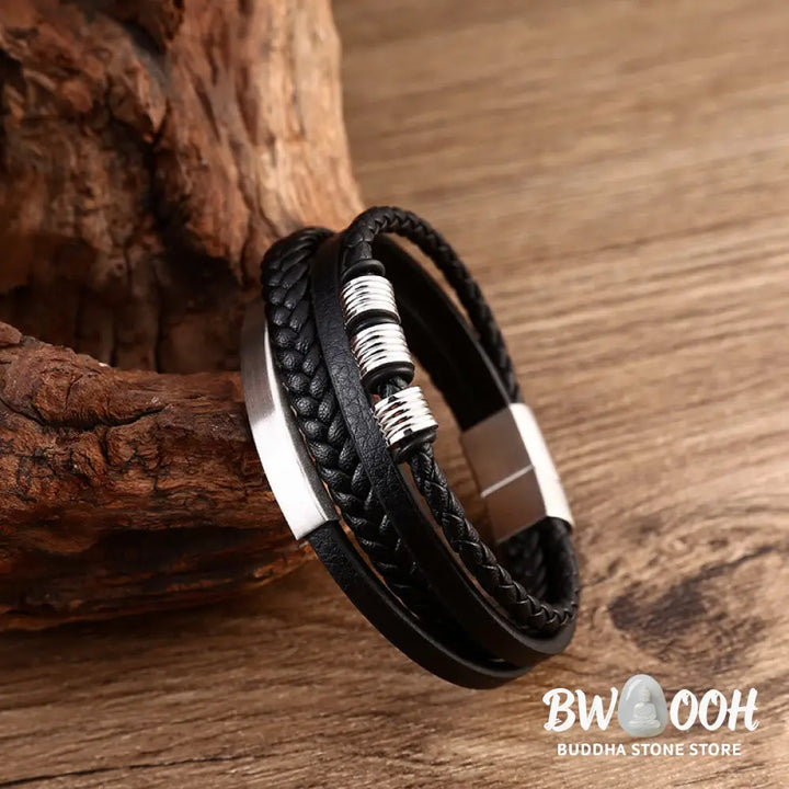 Buddha Stones Leather Multi-Layer Titanium Steel Balance Braided Magnetic Buckle Bracelet - Bracelet