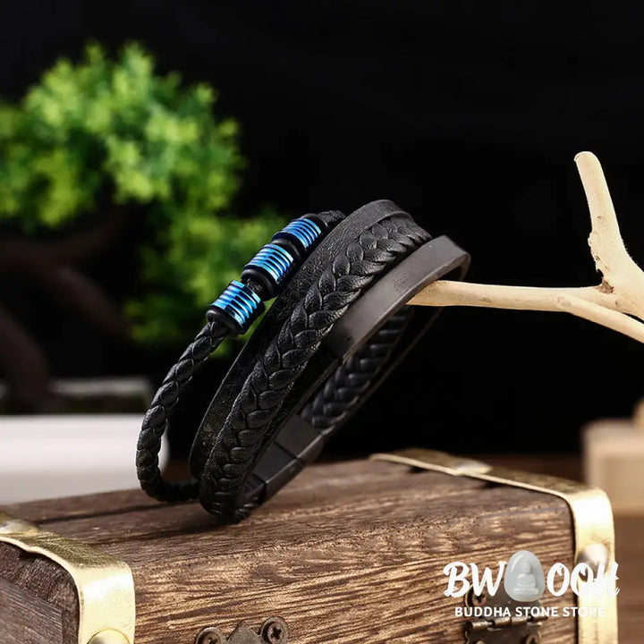 Buddha Stones Leather Multi-Layer Titanium Steel Balance Braided Magnetic Buckle Bracelet - Bracelet