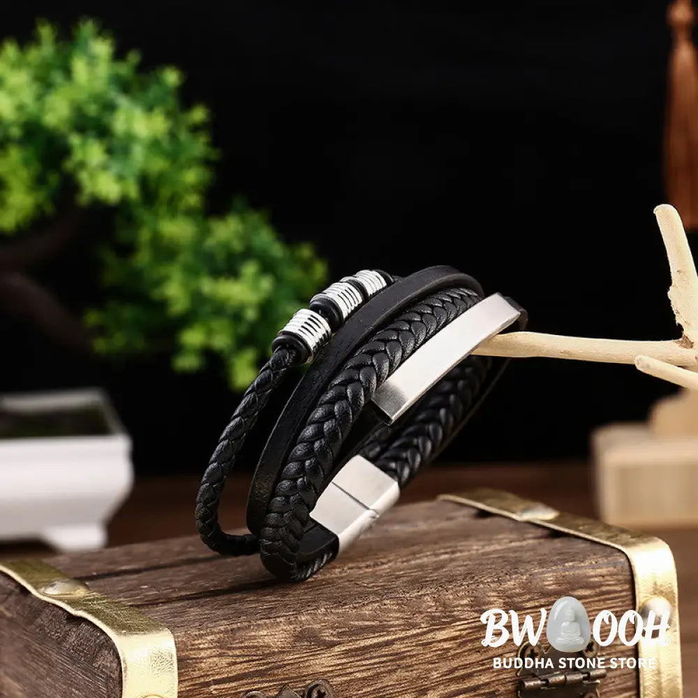 Buddha Stones Leather Multi-Layer Titanium Steel Balance Braided Magnetic Buckle Bracelet - Bracelet