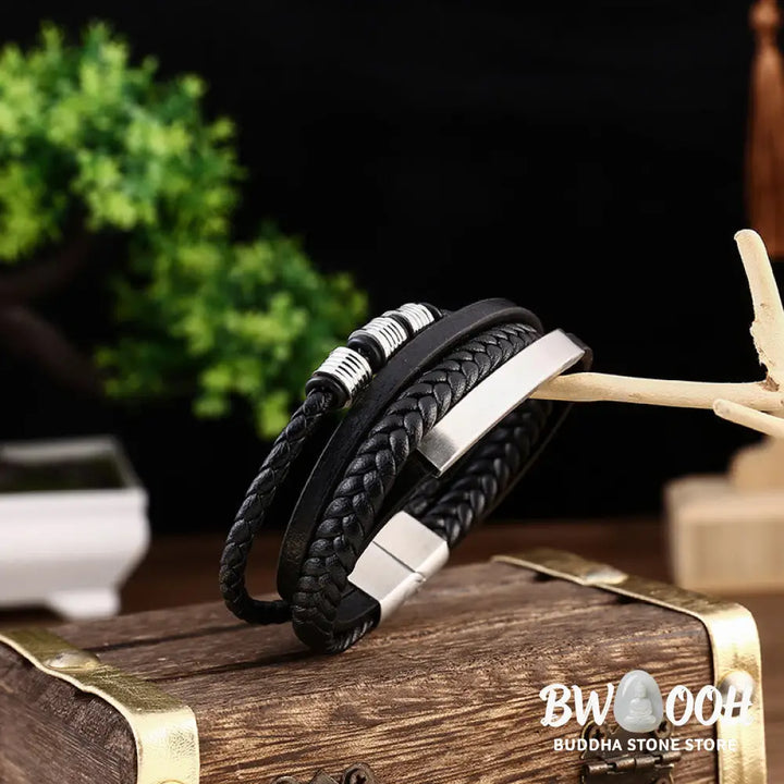 Buddha Stones Leather Multi-Layer Titanium Steel Balance Braided Magnetic Buckle Bracelet - Bracelet