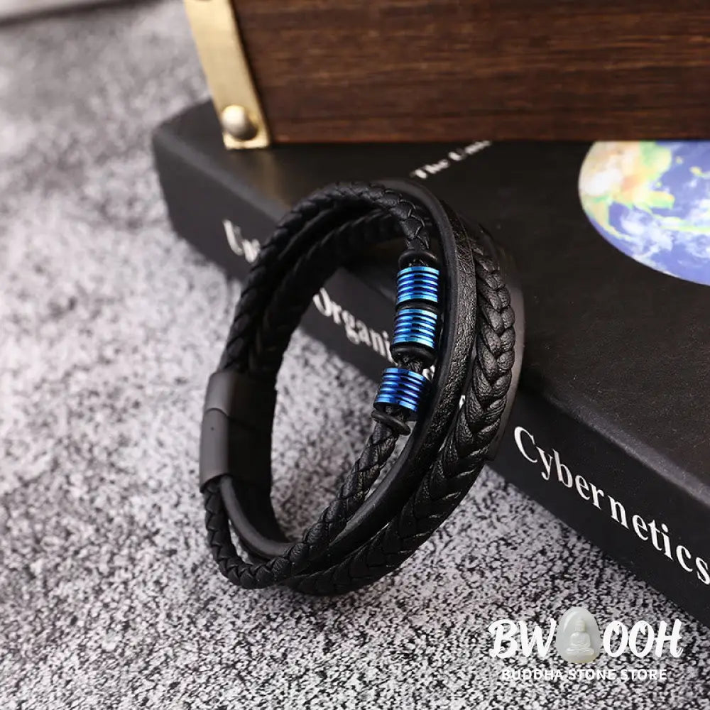 Buddha Stones Leather Multi-Layer Titanium Steel Balance Braided Magnetic Buckle Bracelet - Bracelet