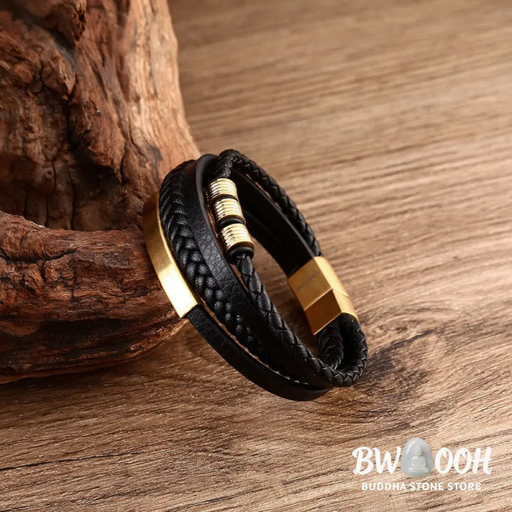 Buddha Stones Leather Multi-Layer Titanium Steel Balance Braided Magnetic Buckle Bracelet - Bracelet