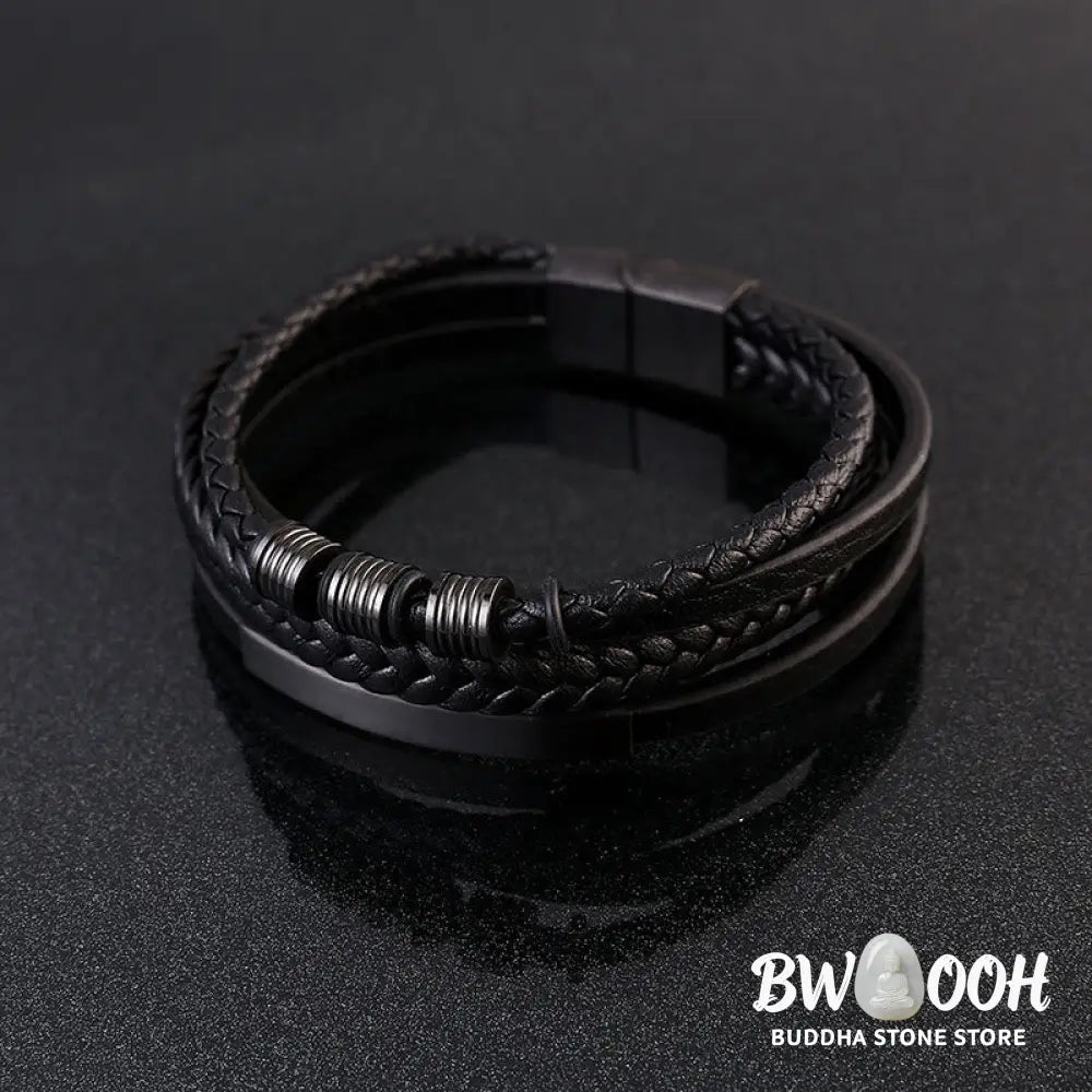 Buddha Stones Leather Multi-Layer Titanium Steel Balance Braided Magnetic Buckle Bracelet - Bracelet