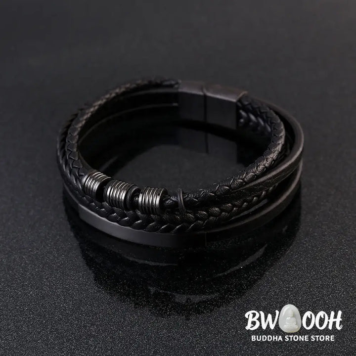 Buddha Stones Leather Multi-Layer Titanium Steel Balance Braided Magnetic Buckle Bracelet - Bracelet