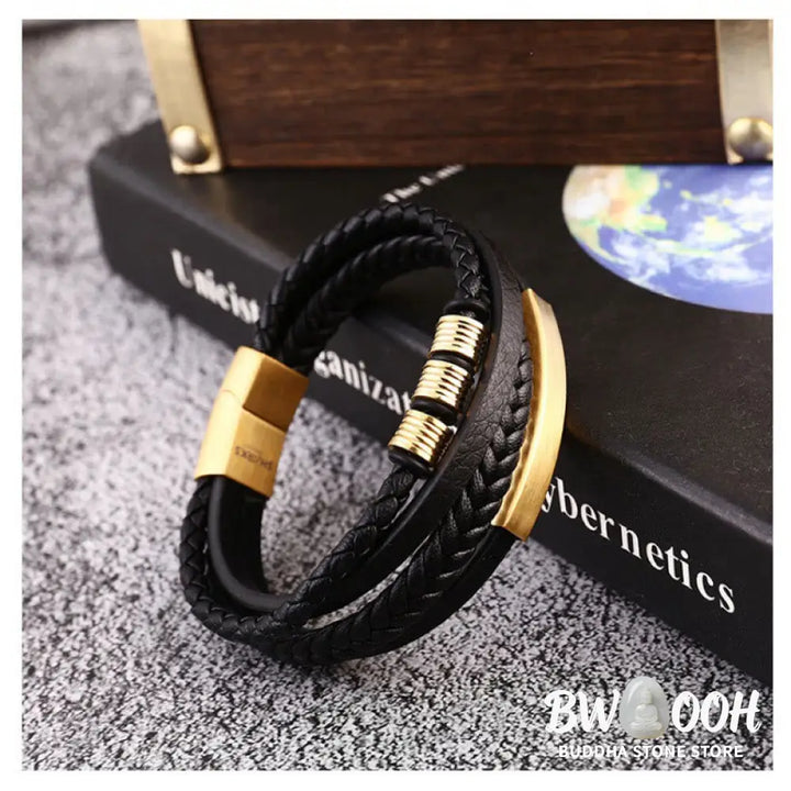 Buddha Stones Leather Multi-Layer Titanium Steel Balance Braided Magnetic Buckle Bracelet - Bracelet