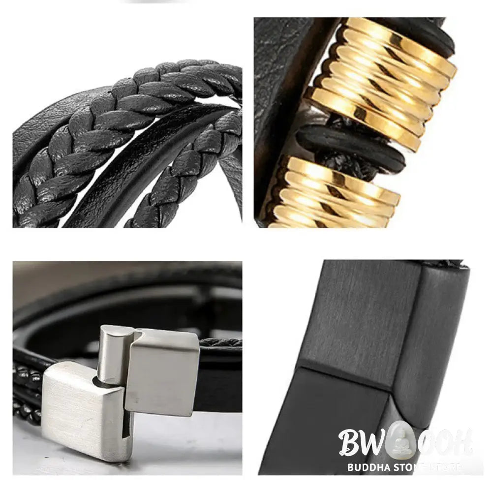 Buddha Stones Leather Multi-Layer Titanium Steel Balance Braided Magnetic Buckle Bracelet - Bracelet