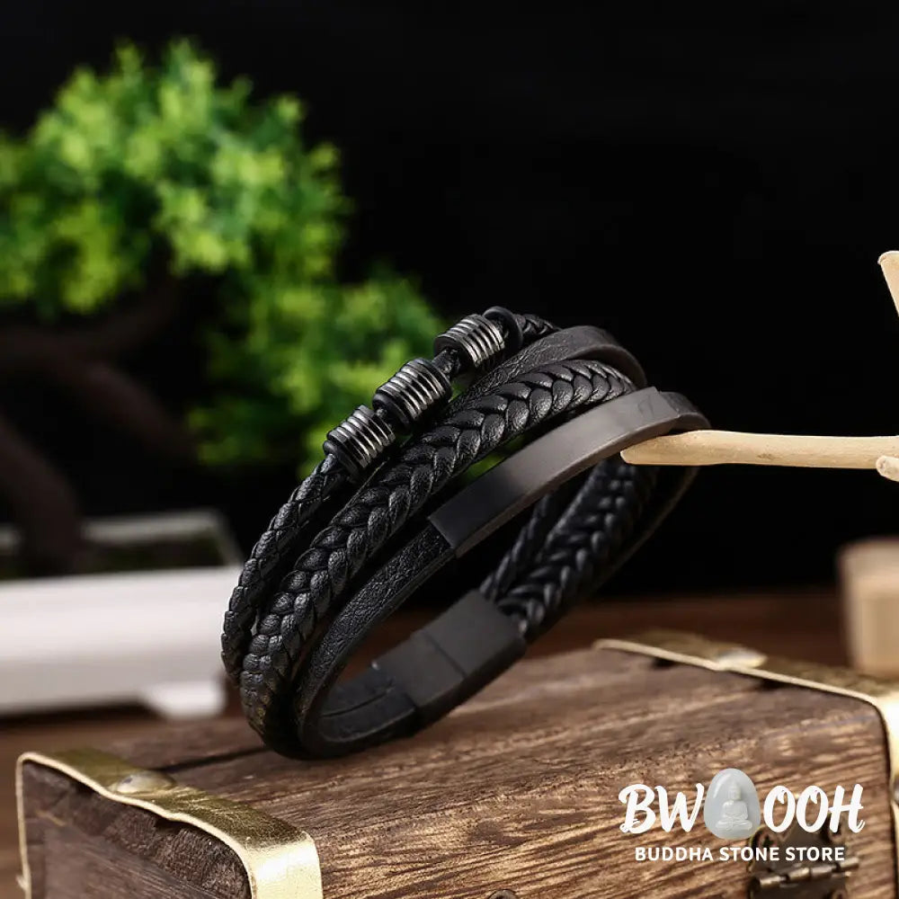 Buddha Stones Leather Multi-Layer Titanium Steel Balance Braided Magnetic Buckle Bracelet - Bracelet