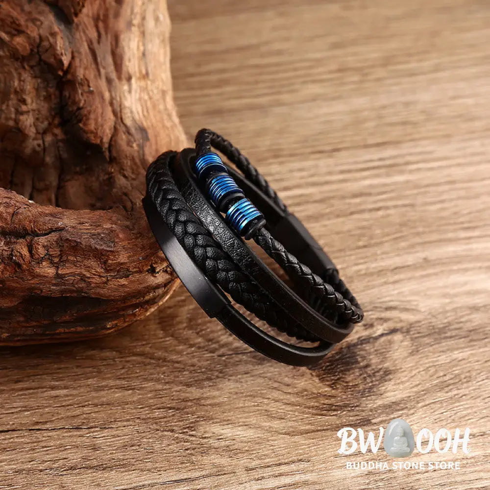 Buddha Stones Leather Multi-Layer Titanium Steel Balance Braided Magnetic Buckle Bracelet - Bracelet
