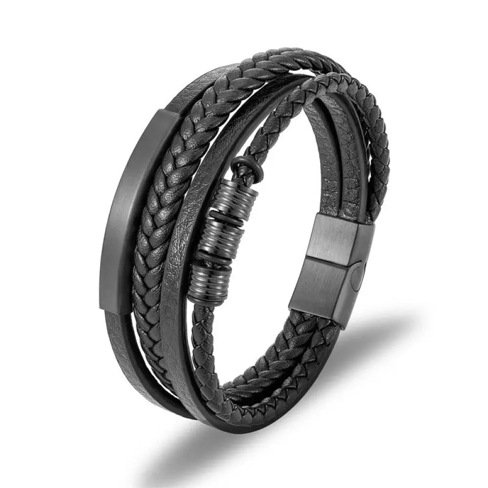 Buddha Stones Leather Multi-Layer Titanium Steel Balance Braided Magnetic Buckle Bracelet - Black 21.5cm - Bracelet