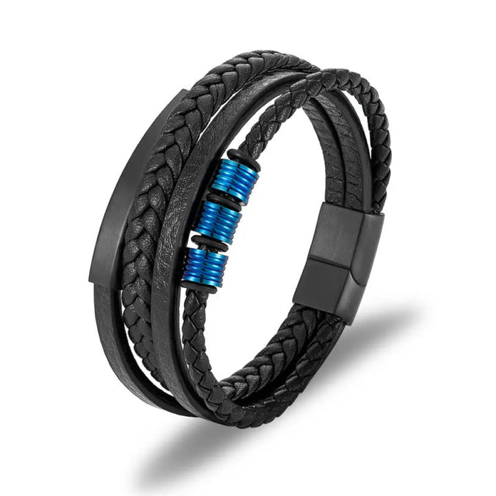 Buddha Stones Leather Multi-Layer Titanium Steel Balance Braided Magnetic Buckle Bracelet - Blue 21.5cm - Bracelet