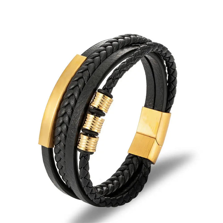 Buddha Stones Leather Multi-Layer Titanium Steel Balance Braided Magnetic Buckle Bracelet - Gold 21.5cm - Bracelet