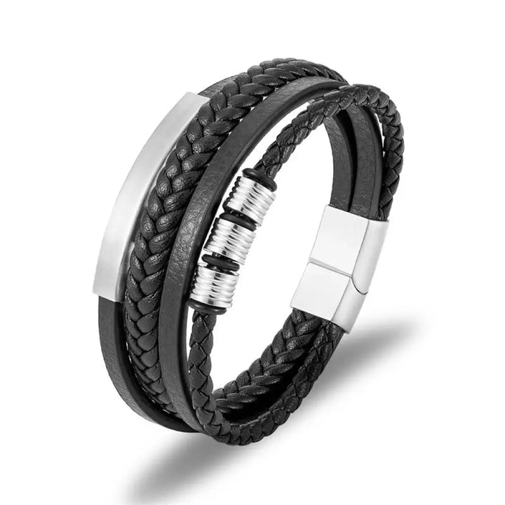Buddha Stones Leather Multi-Layer Titanium Steel Balance Braided Magnetic Buckle Bracelet - Silver 21.5cm - Bracelet