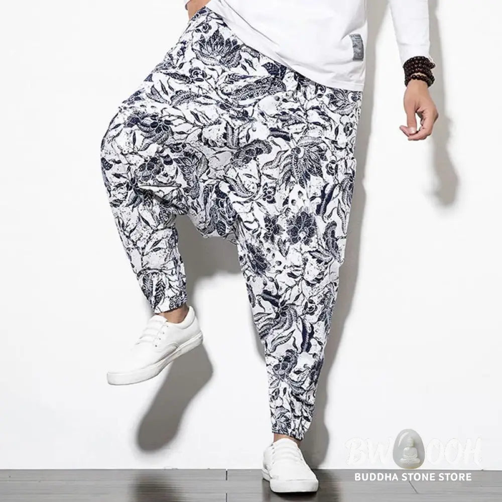 Buddha Stones Leaves Vine Print Cotton Men’s Long Cropped Harem Pants With Pockets - Men’s Harem Pants