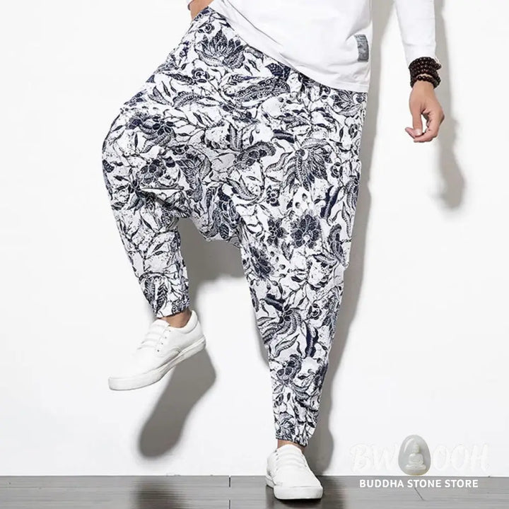 Buddha Stones Leaves Vine Print Cotton Men’s Long Cropped Harem Pants With Pockets - Men’s Harem Pants
