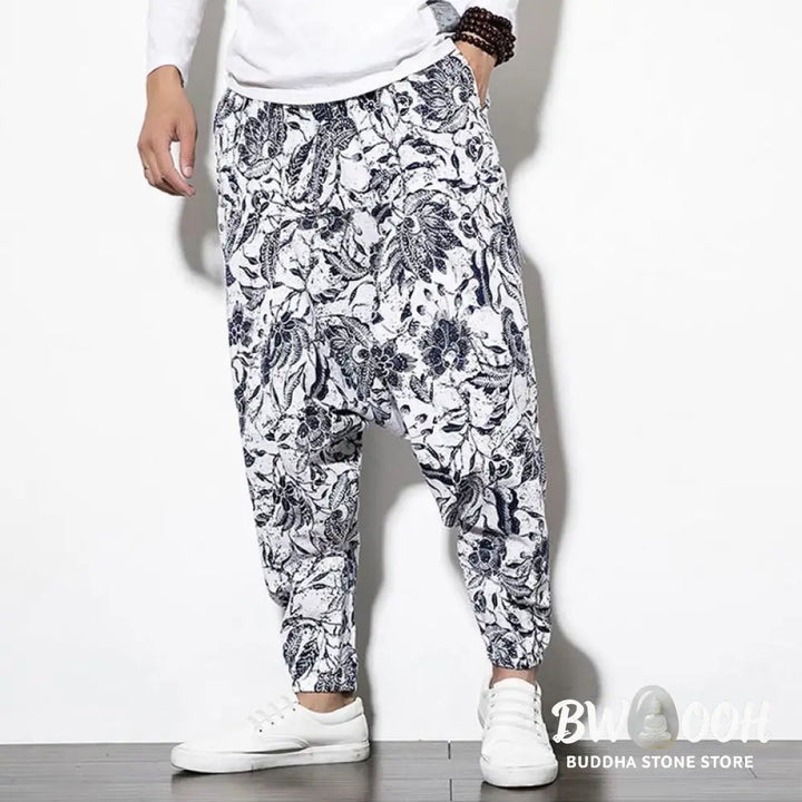 Buddha Stones Leaves Vine Print Cotton Men’s Long Cropped Harem Pants With Pockets - Men’s Harem Pants