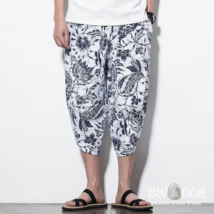 Buddha Stones Leaves Vine Print Cotton Men’s Long Cropped Harem Pants With Pockets - Men’s Harem Pants