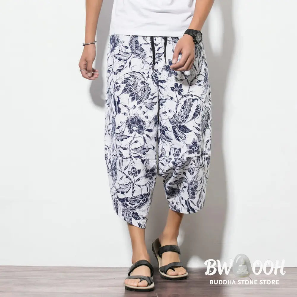 Buddha Stones Leaves Vine Print Cotton Men’s Long Cropped Harem Pants With Pockets - Men’s Harem Pants