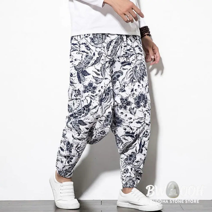 Buddha Stones Leaves Vine Print Cotton Men’s Long Cropped Harem Pants With Pockets - Men’s Harem Pants