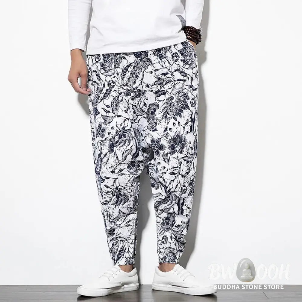 Buddha Stones Leaves Vine Print Cotton Men’s Long Cropped Harem Pants With Pockets - Men’s Harem Pants