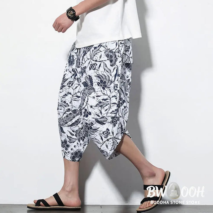 Buddha Stones Leaves Vine Print Cotton Men’s Long Cropped Harem Pants With Pockets - Men’s Harem Pants