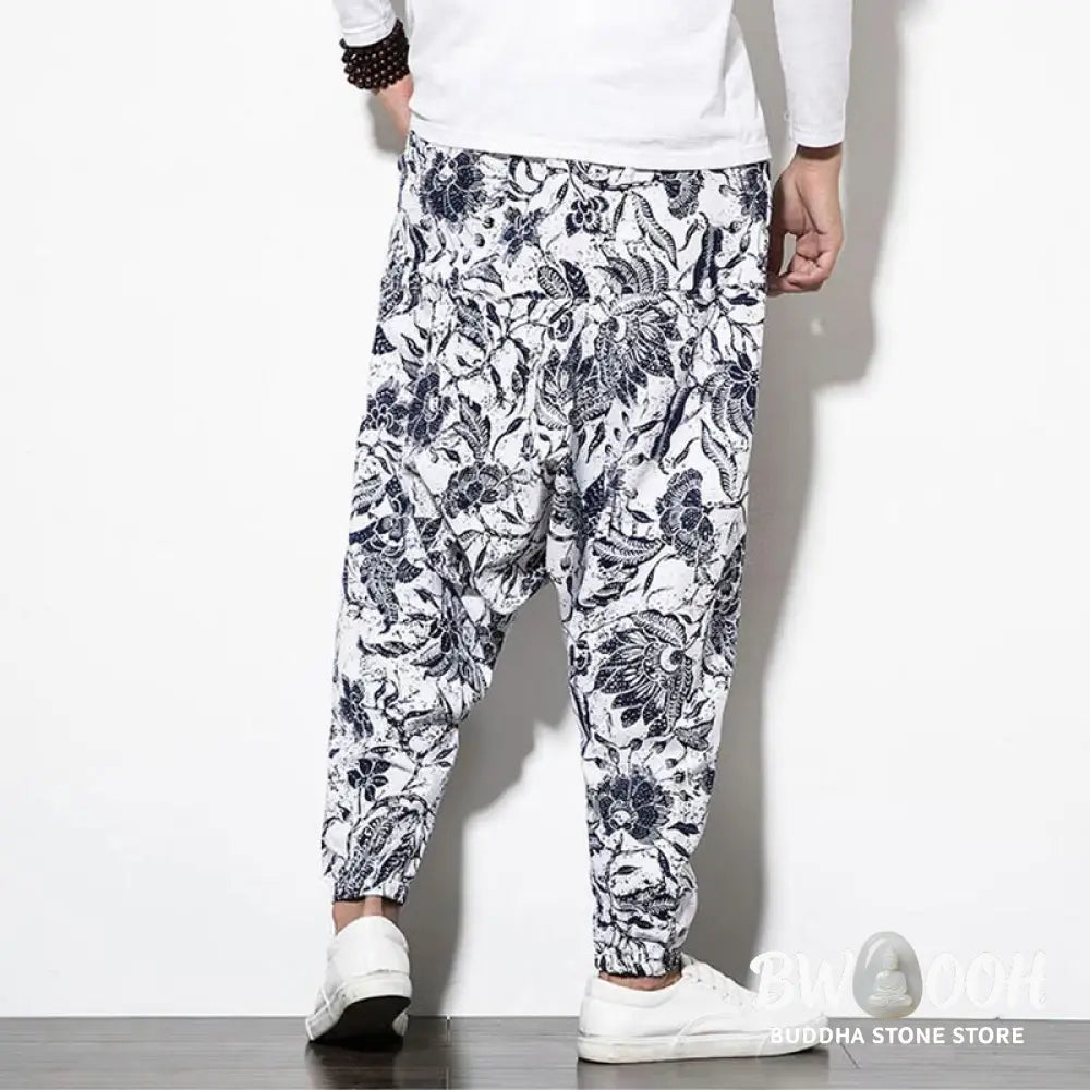 Buddha Stones Leaves Vine Print Cotton Men’s Long Cropped Harem Pants With Pockets - Men’s Harem Pants