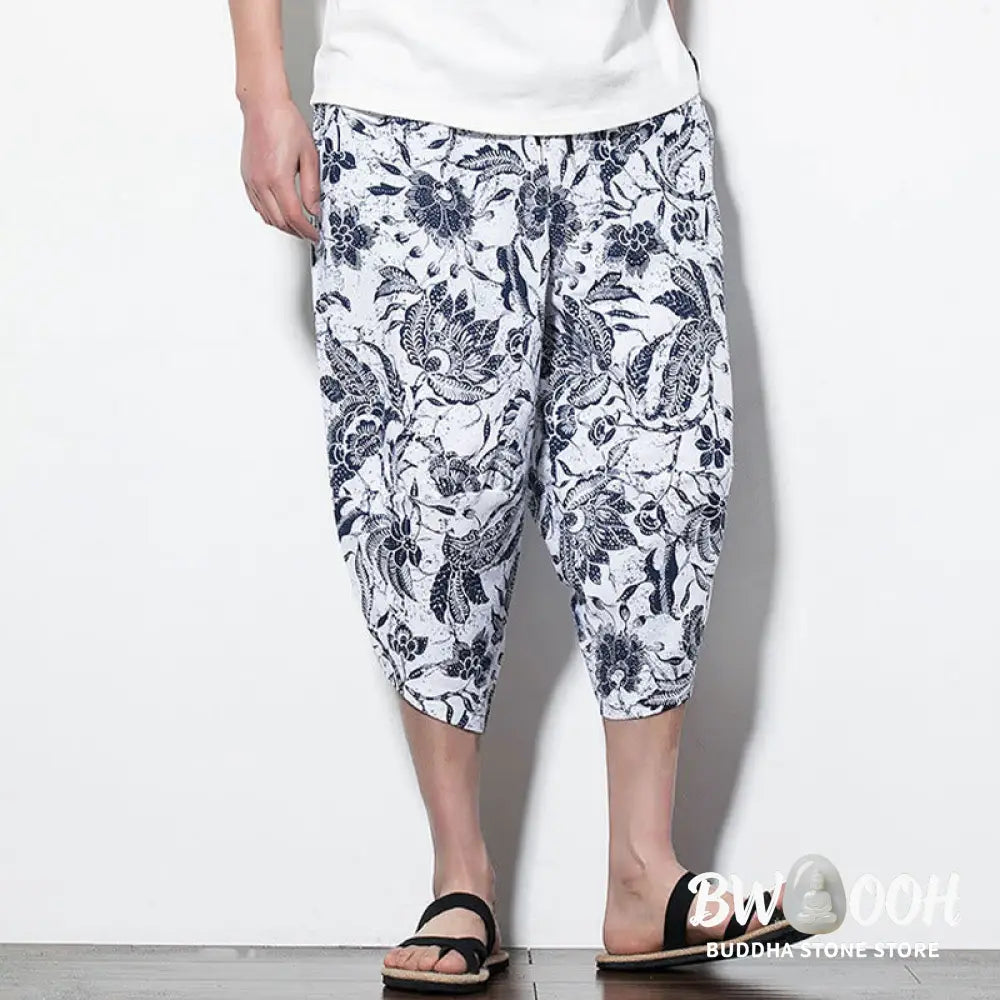 Buddha Stones Leaves Vine Print Cotton Men’s Long Cropped Harem Pants With Pockets - Men’s Harem Pants