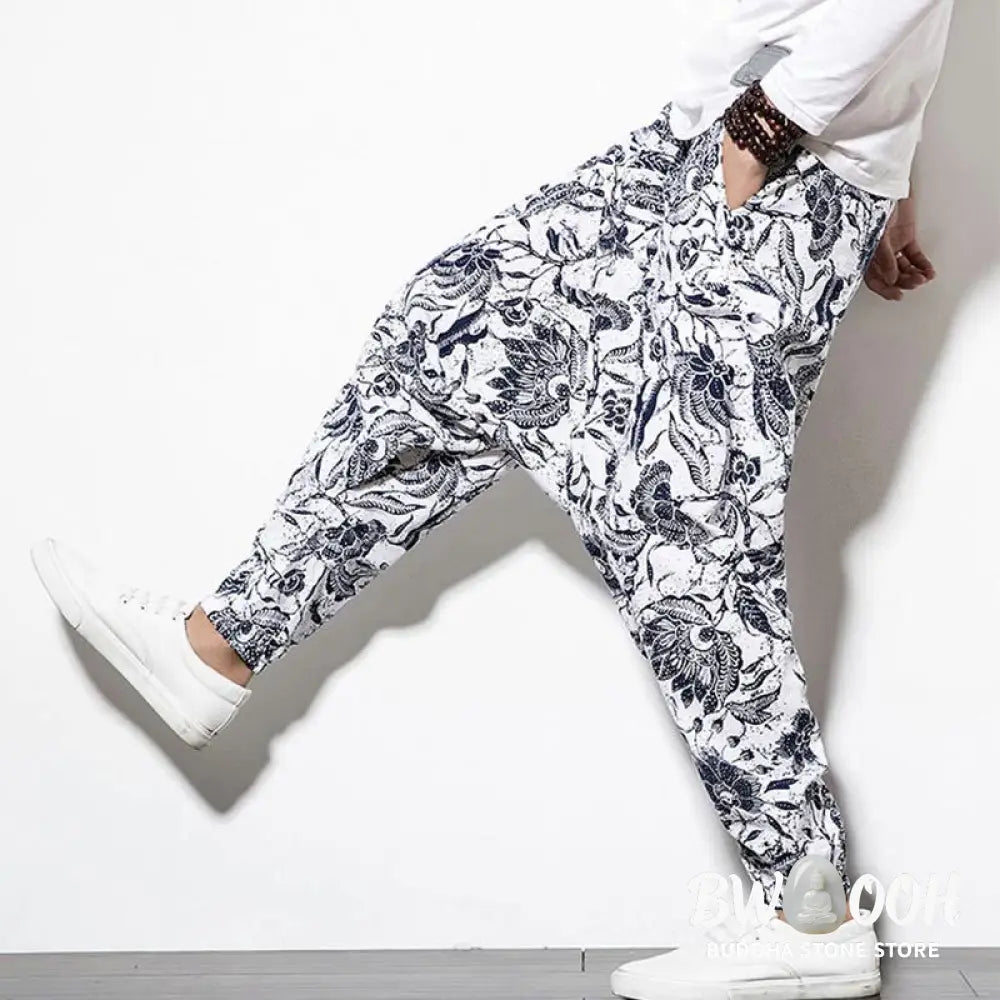 Buddha Stones Leaves Vine Print Cotton Men’s Long Cropped Harem Pants With Pockets - Men’s Harem Pants