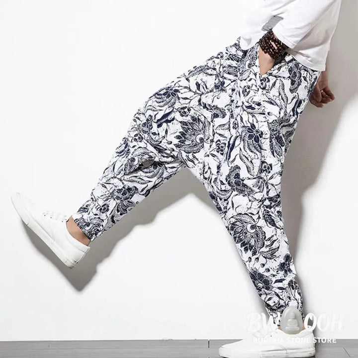 Buddha Stones Leaves Vine Print Cotton Men’s Long Cropped Harem Pants With Pockets - Men’s Harem Pants