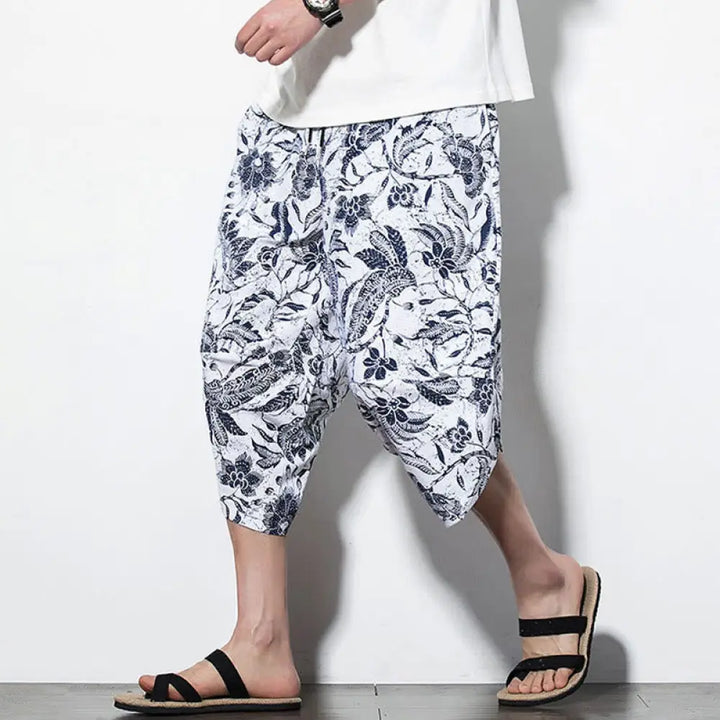Buddha Stones Leaves Vine Print Cotton Men’s Long Cropped Harem Pants With Pockets - Cropped Style Azure