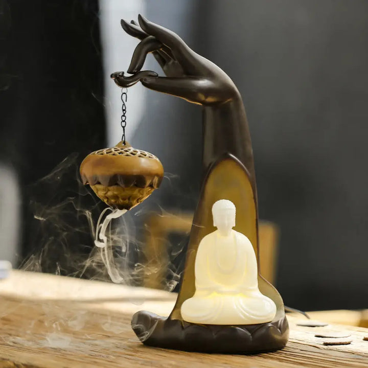 BWOOOH ceramic backflow incense burner - Led Buddha Hand Backflow Smoke Foun