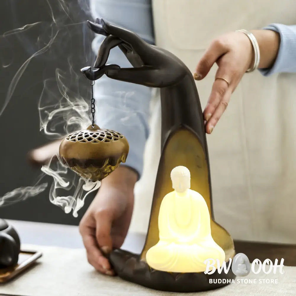 BWOOOH ceramic backflow incense burner - Led Buddha Hand Backflow Smoke Foun
