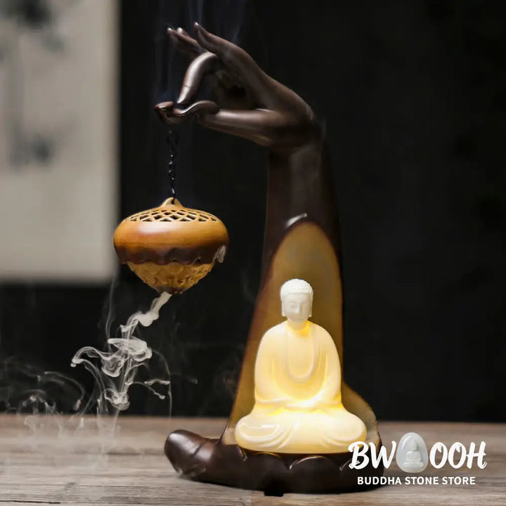 BWOOOH ceramic backflow incense burner - Led Buddha Hand Backflow Smoke Foun